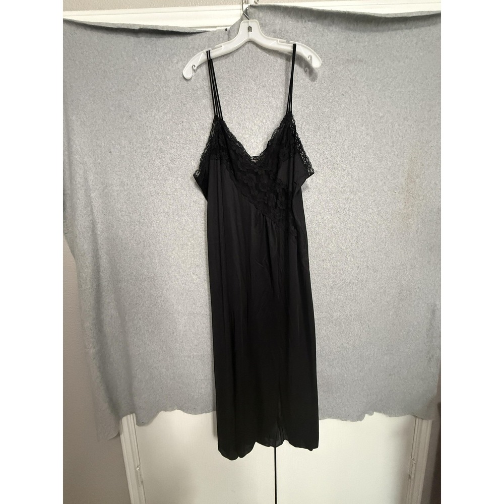 Full Slip Womens Black Nylon Lace Satin‎ Sheer Strap Lingerie Nightgown Dress